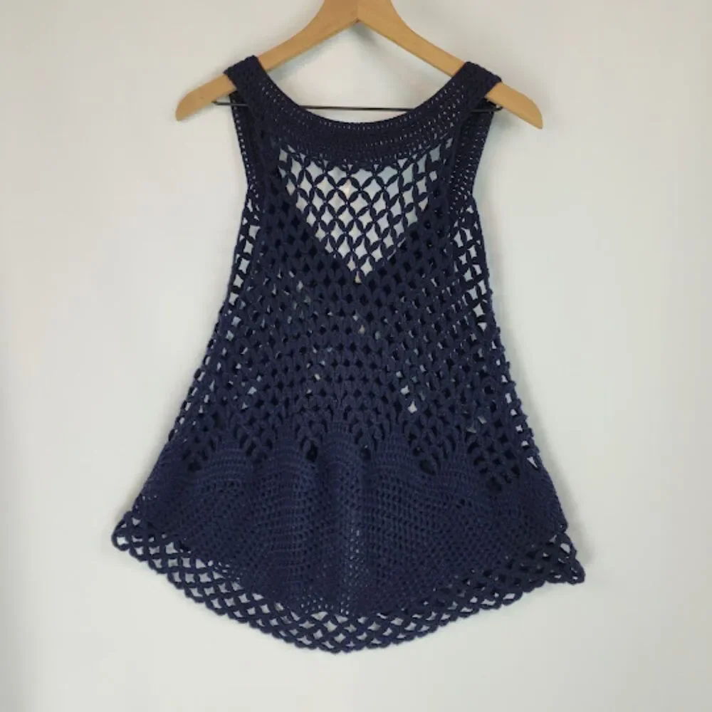 Free People Women's Navy Boho Crochet Knit Cardigan Vest Size XS